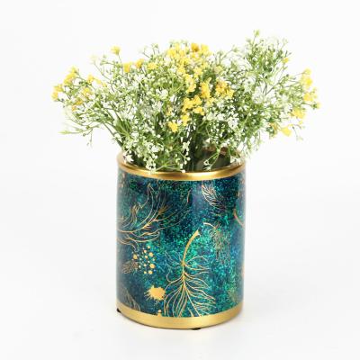 China V036 Minimalist classic porcelain flower candle vase small flower vase hotel decoration dark bule ceramic gold line for sale