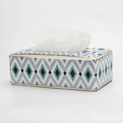 China Transitional Ceramic Modern Diamond Tissue Paper Box Tissue Box Lid Tissue Box Container T008 Blue Pattern Decor for sale