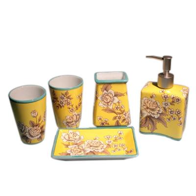 China Art Decor Flower Ceramic Bathroom Toiletry Sets Bathroom Accessories Body Lotion Bottle Home Lotion Bottle Set 0f 5 pcs for sale