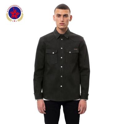 China Organic Cotton Anti-Pilling Selvage Mens Black Denim Shirts for sale