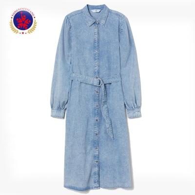 China Anti-Static Detachable Tie Belt Puff Sleeves Denim Long Shirt Dress for sale