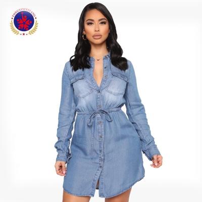 China Tie Waist Anti-Static Tencel Dark 100% Denim Mini Dress for sale