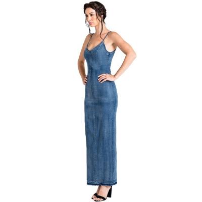 China V-Neckline And Anti-Static V-Back Spaghetti Strap Indigo Tencel Denim Maxi Dress Dresses for sale