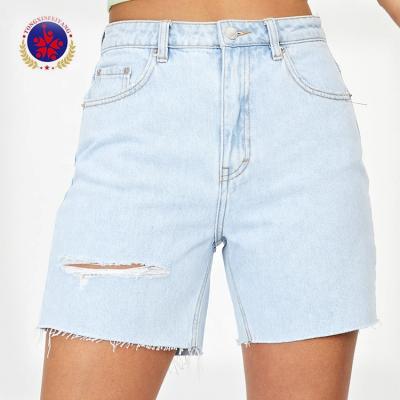 China QUICK DRY Fringed Edges Waistband Loops Ripped Aplet Denim Shorts for sale