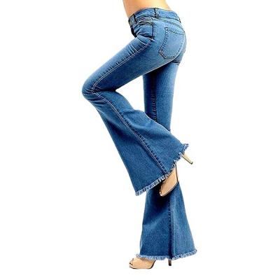 China Last Viable Design Casual Blue Button Flared Women Denim Rocket Pants Jeans for sale