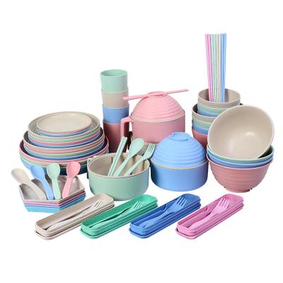 China Eco-Friendly Sustainable Wheat Straw Bowls Cups Dishes And Forks Spoon Dinnerware Sets Wheat Straw Tableware Sets for sale