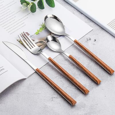 China Plastic Handle Sterling Silverware Reusable Cutlery Set High Quality Viable Wood Grain ABS for sale