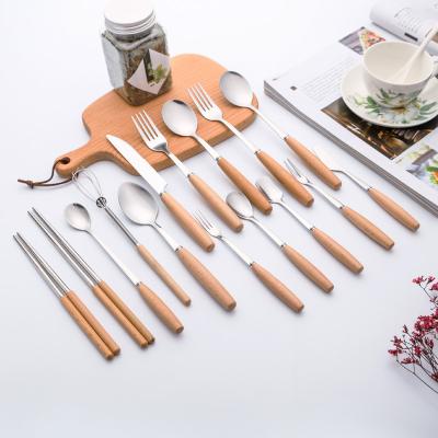 China Sustainable Eco Friendly Stainless Steel Fork Knife Spoon Set Wooden Cutlery for sale