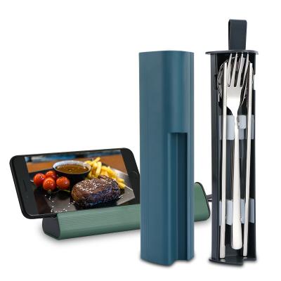 China Korean Fashion Style Chopsticks Spoon Fork 3Pcs Travel Cutlery Box Countertop Phone Stand Durable Cutlery With Case for sale