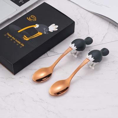 China Food Grade Design Stainless Steel Gold Spoons Sustainable Creative Ostrich Shape Baby Feeding Spoon Set for sale