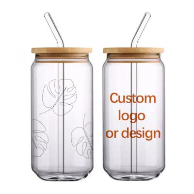 China Popular Sublimation Beer Can.Eco-friendly USA 12oz 16oz Juice Coffee Mug Sublimation Blank Shaped Soda Glass Can With Lid Bamboo Straw for sale