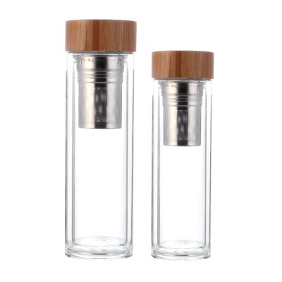 China Sustainable Double Wall Vacuum Tea Cup With Infuse Strainer Wholesale Stainless Steel Glass Tea Infuse Water Bottle Bamboo Lid for sale