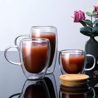 China Sustainable Hot Sale Double Wall Glass Water Mug With Handle Insulated Borosilicate Glass Coffee Mug With Lid for sale