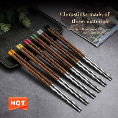 China Stainless Steel Food Grade Reusable Bamboo Chopsticks Handle Viable Wooden Cutlery Chopsticks Set for sale