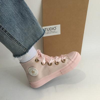 China 2022 spring soft color women's flat pink beige blue fashion trend shoes high top women canvas sneakers school shoes for girls for sale