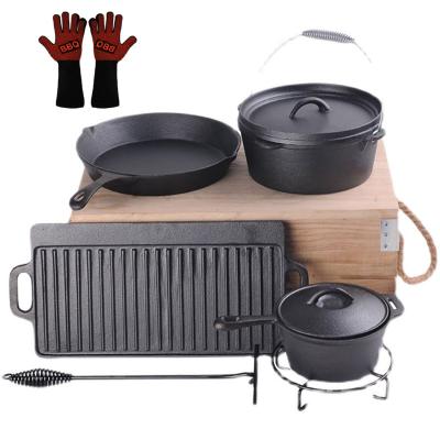 China Outdoor Equipment Hiking Camping Eight Pieces Set Cast Iron Outdoor Cookware Set Non Stick Dutch Oven Griddle Cast Iron Set for sale