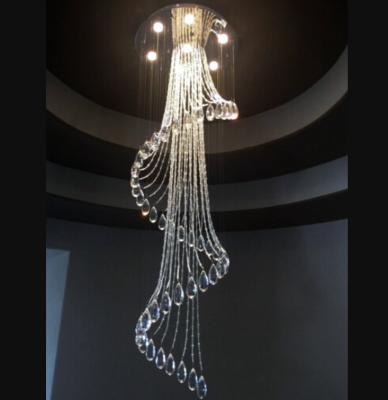 China Contemporary Led Spiral Crystal Lobby Entrance Staircase Lamp Long Chains Shining Crystal Hand Light for sale