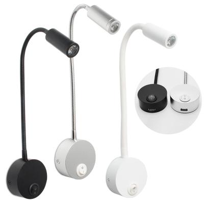 China Modern 3W Hotel Wall Light With USB Port Flexible Gooseneck Headboard Bedside Reading Lamp Wall Mounted Lamp for sale