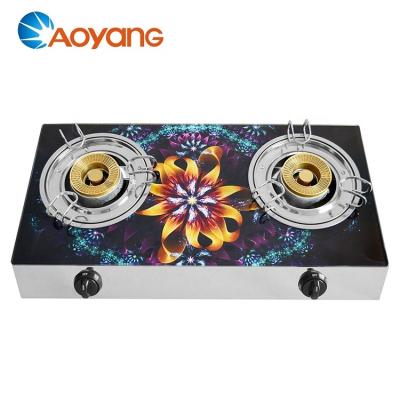 China 2021 new household model 2 burner gas cooker 7mm tempered glass top gas cooker stove 3D design for sale