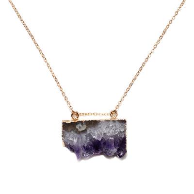 China Wholesale Natural Gold Plated Natural Raw Amethyst Slice Button Amethyst Slice Druzy Stalactite Pendant Two Stone Pendant Necklace for sale