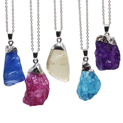 China Natural Charms For Jewelry Making Blue Quartz Pendants Charms Raw Rough Color Crystal Natural Wrapped Electroplated Pendant With Sliver for sale