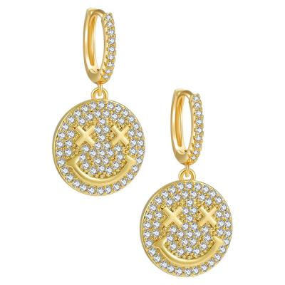 China 2021 New Design Hot Selling Insti Full Diamond Smile Face Earring 18K Gold Plated Cute Smile Charm Earring For Wholesale for sale