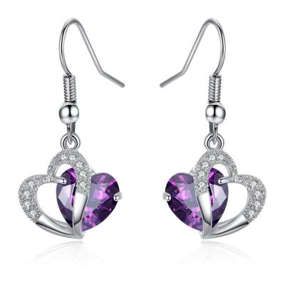 China Fashionable Wholesale Zircon Crystal Earrings Double Hearts Diamond Drop Earring Hook Blue /Purple Jewelry Amethyst For Women for sale