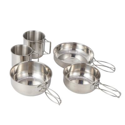 China 5 Piece Pot Outdoor Mountaineering Outdoor Border Outdoor Mountaineering Pot Portable Picnic Barbecue Easy-Carry Travel Fishing Stainless Steel Cups and T Bowls for sale