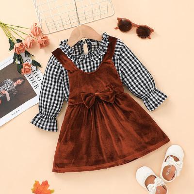 China Girls Casual Spring And Autumn Style Two-piece Suit Sets European And American Plaid Baby Suspender Western Skirt Tops+Skirt Sets for sale