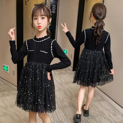 China Retro Spring Silk Mesh Workable Collar Black Lace Quilting Long Sleeve Autumn Girls Dress for sale