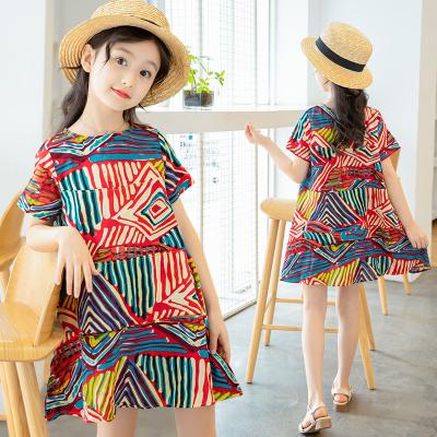 China Viable Artistic Girls Summer Retro Style Striped Dress Two-Button Round Sleeve Short Cotton Neck Dress for sale