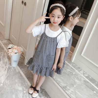 China Two-piece sleeve set of small and older children's skirt strap girl's suit 2021 summer new children's casual plaid short dress for sale