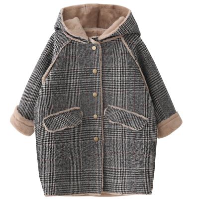 China 2021 Autumn Polyester/Cotton Girl's Woolen Coat And Winter New Western Style Women's Hooded Teenager Plaid Woolen Mid Length Coat for sale