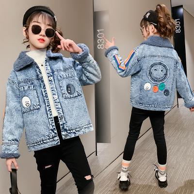 China Spandex girls' denim face fleece alien lamb coat/cotton coat children's winter smile new and thick girls' style denim for sale