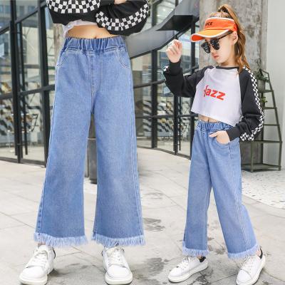 China Cheap Girls Pants 110-170cm Casual Comfortable Spring Stretch Wide-Leg Pants Big Kids Loose Tassel Jeans for sale