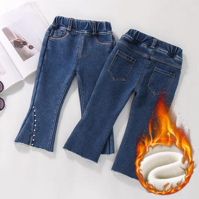 China Autumn casual girls jeans and winter single layer fleece lined baby denim bell-bottom pants for sale