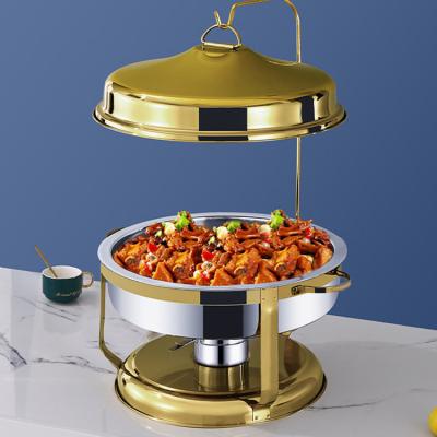 China New Design High Quality Modern Stainless Steel Cookware Trifold Dish Buffet Set Gold Food Warmer Cylinder Desktop Buffet Stove for sale