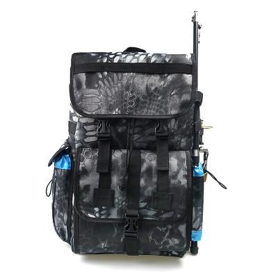 China 600D Polyester Large Capacity Fishing Tackle Backpack With 2 Rod Holder Waterproof Fishing Tackle Bag for sale