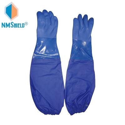 China Oil Resistant Anti Oil PVC NMSHIELD Blue Gloves With Long Cuff For Fishing for sale