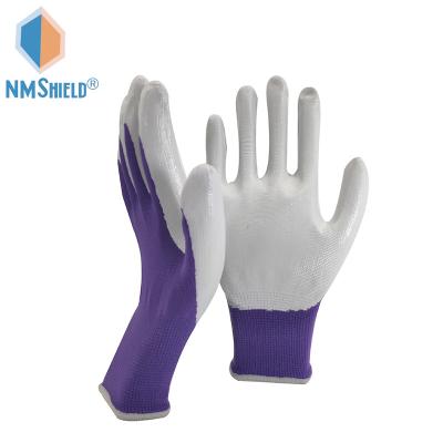 China Smooth Finish NMSHIELD 13 Gauge Nitile Polyester Construction Work Gloves Purple CE EN388 3121X for sale