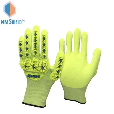 China Dexterity NMSHIELD 18 Gauge Nylon, And Steel HPPE Fiber Knit Liner, Sandy Nitrile Palm Coated Impact Resistant Gloves for sale