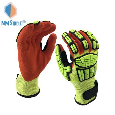 China Dexterity NMSHIELD 13 gauge hi-viz yellow nylon and HPPE and fiberglass with orange sandy nitrile on palm impact resistant gloves for sale