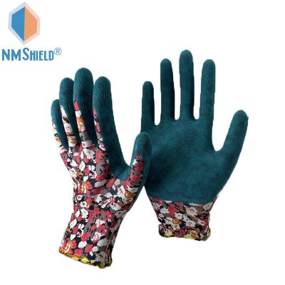 China Garden Work NMSHIELD CE EN388 2121X 13g Flower Pattern Polyester With Sponge Rubber Green Palm Coated Gardening Gloves for sale