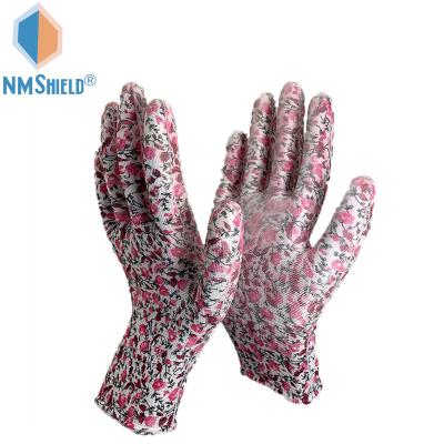 China Assembly Job NMSHIELD CE EN388 3121X Flower Printed 13 Gauge Polyester PU Palm Coated Garden Working Glove for sale