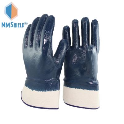 China Smooth Finish NMSHIELD Jersey 100% Nitile Coating Fully Coated Oilfield Blue Heavy Duty Nitrile Gloves Industrial CE EN388 3111X for sale