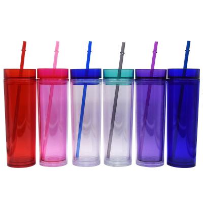 China Wholesale Custom Double 16oz Wall Mounted Transparent Skinny Bottles Acrylic Wine Tumbler With Straw And Lid BPA Free And Eco Friendly for sale