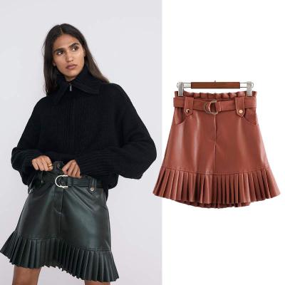 China 2021 Fashion Ladies PU Skirt Women Mini Anti-static Short Leather Pleated Skirts With Belt for sale