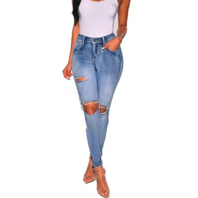 China Color Fade Proof Womens Hot Sell Distressed Ripped Skinny Long Stretch Denim Pants Jeans for sale