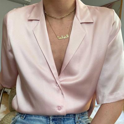 China 2021 Fashion Solid Color Anti-pilling Plus Size Women's Short Sleeve Shirt Summer Casual Silk Blouse for sale