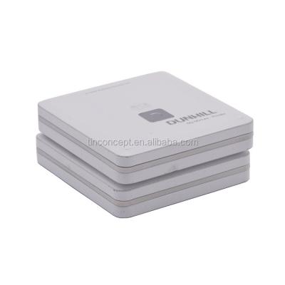 China Airtight Durable White Square Embossed Hinged Lid Tin Box for sale